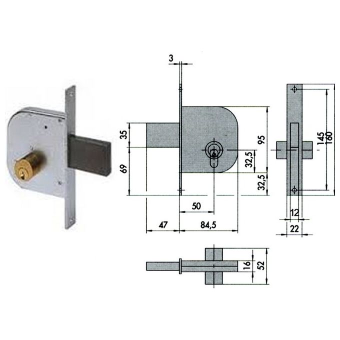 CISA 48275 42010 Serratura da infilare per cancelli Cilindro Fisso Scrocco con Mandata Incorporata Finitura Zincata colore Argento-Grigio