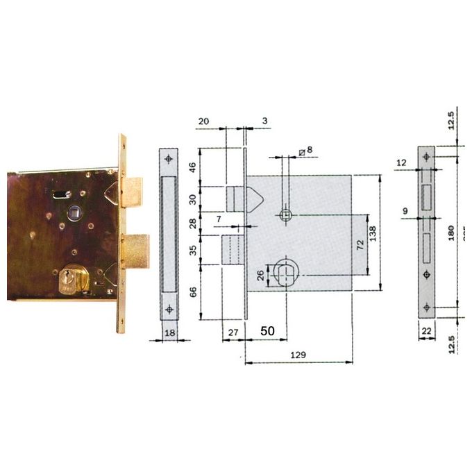 ISEO 49024 Serratura da infilare per cancelli in ferro 2 mandate con cilindro sfaccettato 26 mm incluso quadro 8 mm colore Zincato giallo