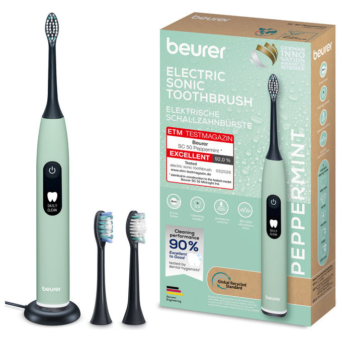 Beurer SC 50, Spazzolino Elettrico Sonico, Nero e Verde, 80000 Oscillazioni al Minuto
