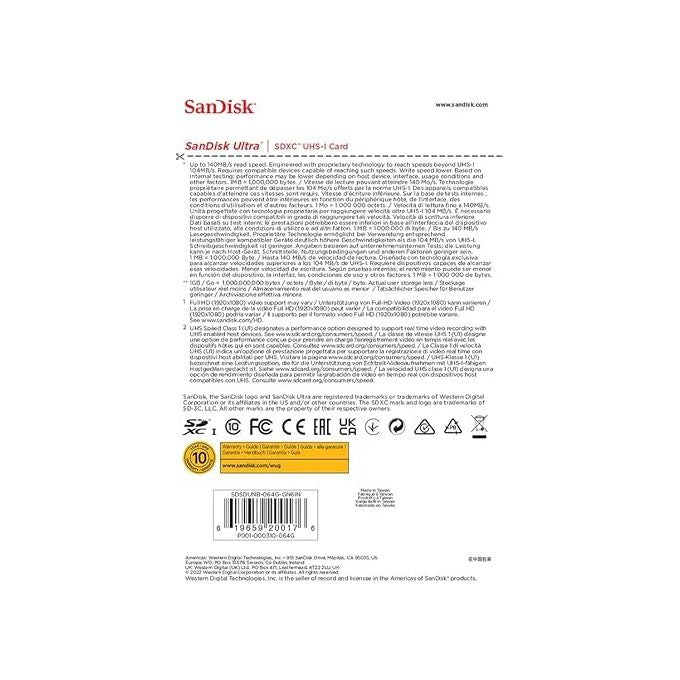 SanDisk SDSDUNB-064G-GN6IN Ultra Scheda di Memoria SDXC 64 GB 140 MB-s UHS-I Classe 10 U1 A1 colore Nero