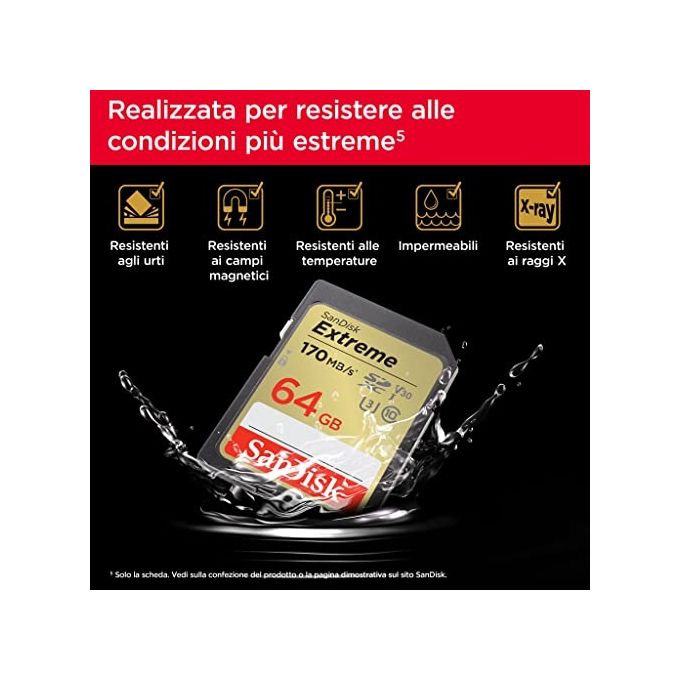 SanDisk SDSDXV2-064G-GNCIN Extreme Scheda di Memoria SDXC 64 GB UHS-I U3 V30 Classe 10 170 MB-s colore Nero Oro
