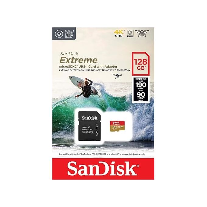 SanDisk SDSQXAA-128G-GN6AA Extreme microSDXC 128GB UHS-I U3 V30 A2 fino a 190MB-s con adattatore SD colore Oro Rosso