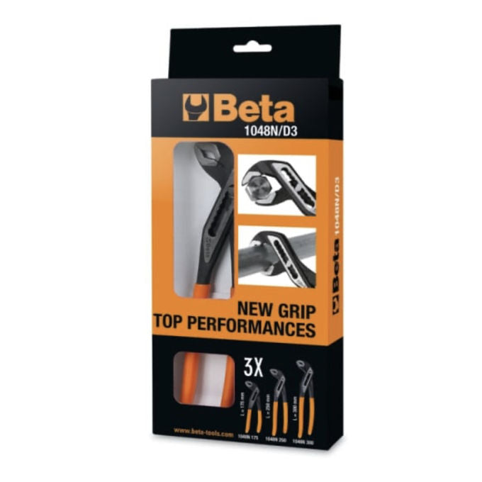 Beta 010480923 1048N Serie di Pinze Regolabili a Cerniera Chiusa Set da 3 Pezzi 175 mm 250 mm 300 mm Apertura Massima 60 mm con 8 Posizioni di Regolazione colore Nero