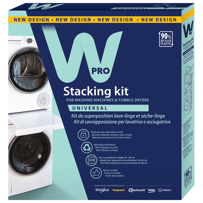 Wpro kit di sovrapposizione universale SKN101, lavatrice e asciugatrice, piano di lavoro estraibile, 60x60 cm, bianco