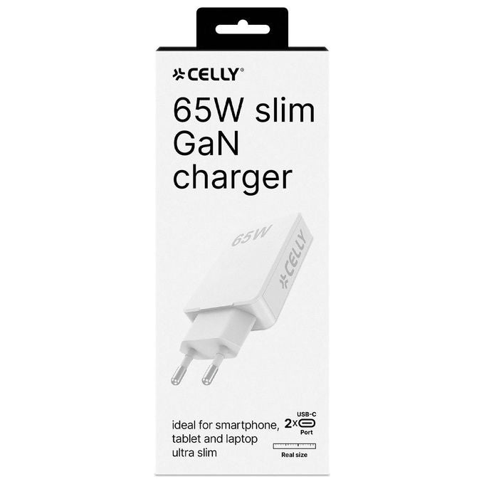 Celly Caricabatterie GaN Slim 65W 2xUSB-C Bianco