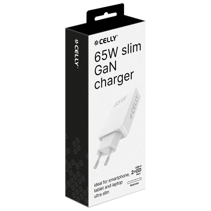 Celly Caricabatterie GaN Slim 65W 2xUSB-C Bianco