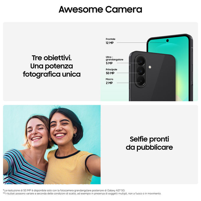 Samsung SM-A276BZKCEUE Galaxy A27 Smartphone 5G 6.7'' 8GB 256GB 50MP 5000mAh Android 16 colore Nero