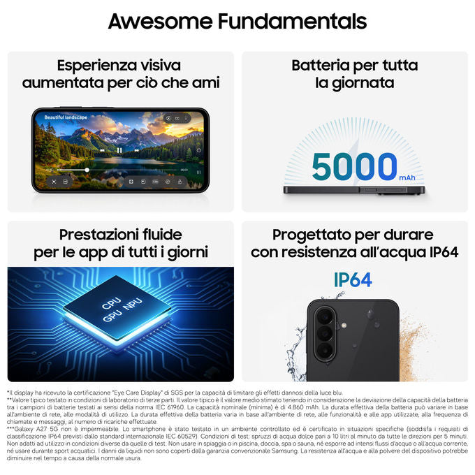 Samsung SM-A276BZKCEUE Galaxy A27 Smartphone 5G 6.7'' 8GB 256GB 50MP 5000mAh Android 16 colore Nero