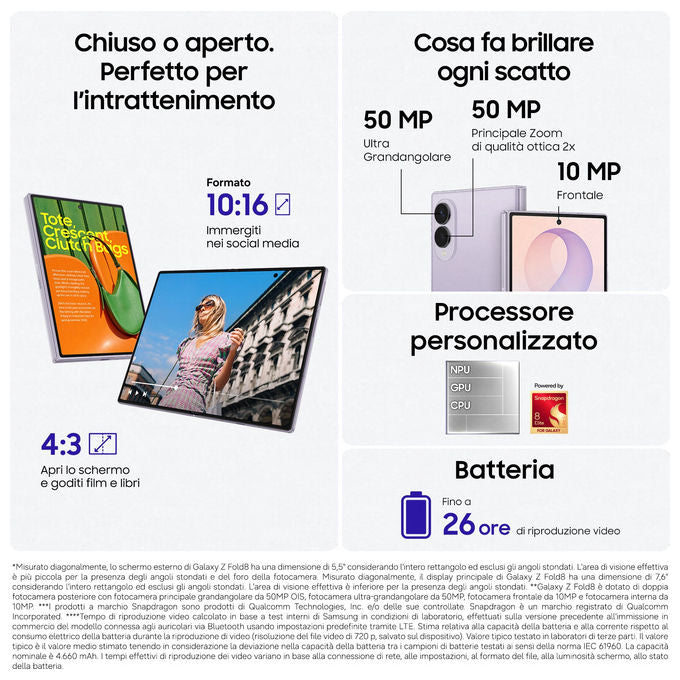 Samsung F971BZWCEUE Galaxy Z Fold8 Smartphone 512 GB RAM 12 GB Fotocamera 50 MP Processore Snapdragon 8 Gen 4 Display 7.6'' Batteria 4800 mAh Dual SIM NFC Impermeabilita' IP48 colore Crema