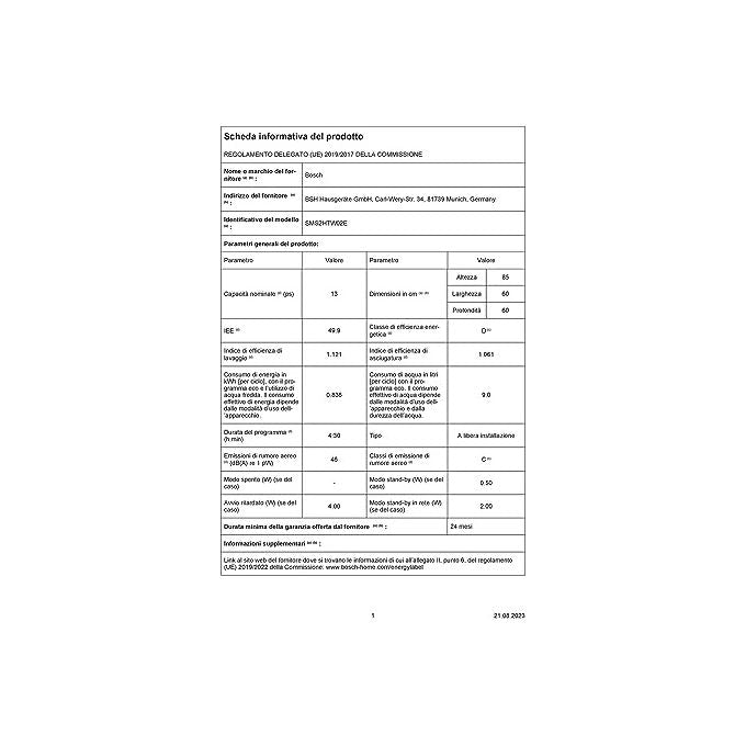 Bosch SMS2HTW02E Serie 2 Lavastoviglie Libera Installazione 13 coperti Classe D 46 dB WiFi Home Connect (85x60x60 cm) colore Bianco
