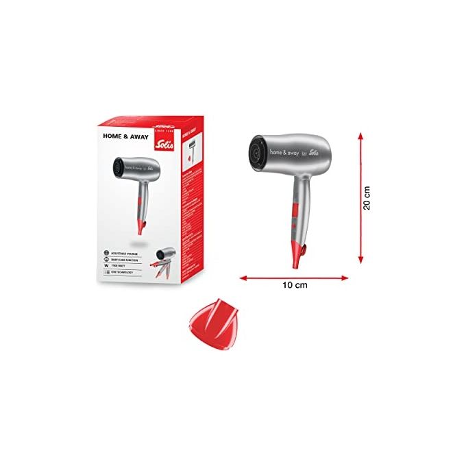 Solis 96171 Home and Away Asciugacapelli 1800 W Tecnologia Ionica 3 Temperature 2 Velocita' Funzione Baby Care Manico Pieghevole con Bocchetta per Styling colore Antracite-Rosso