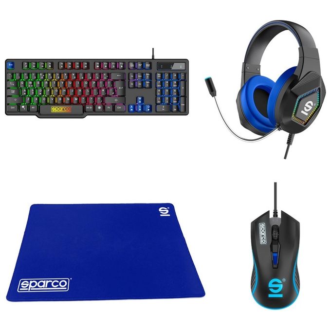 Celly SPGAMEKIT Kit Gaming 4 in 1 con Tastiera Layout USA Retroilluminata RGB Mouse Ergonomico DPI Regolabile Cuffie con Microfono e Tappetino Antiscivolo colore Nero