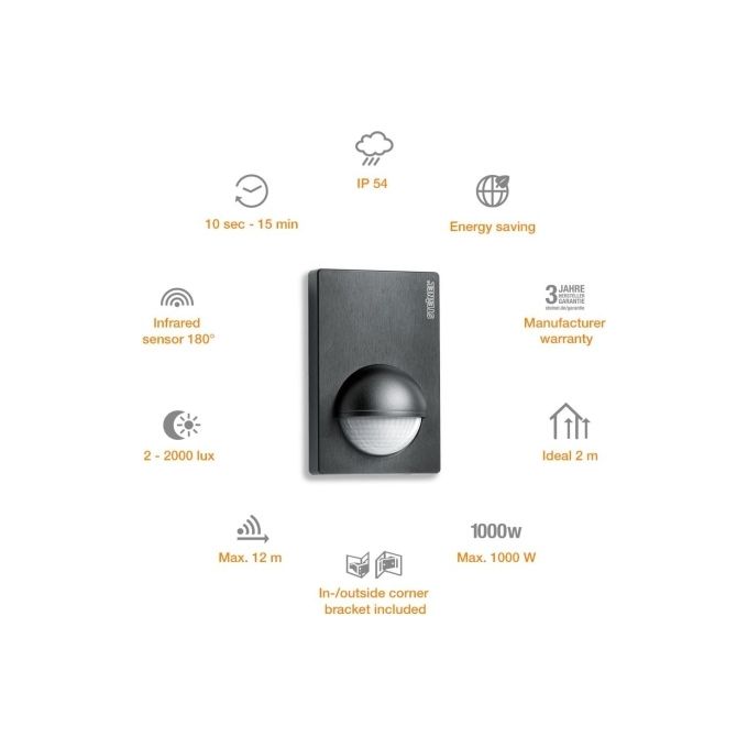 Steinel 034580 IS 180-2 Sensore di Movimento a Infrarossi 180° Portata 12 m IP54 1000 W colore Antracite