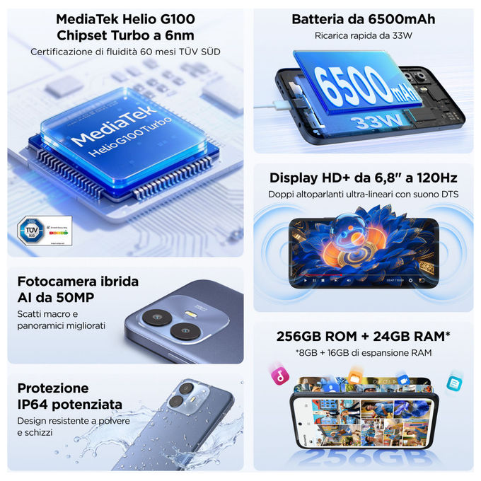 TCL T522E-2BLCA112 K70 Power 4G Smartphone 8GB 256GB colore Nebula Blue