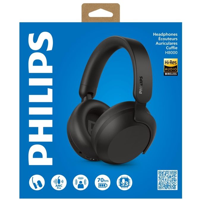Philips, Cuffie Wireless a Padiglione TAH8000EBK-00, Bluetooth 5.4, Cancellazione Rumore, Nero