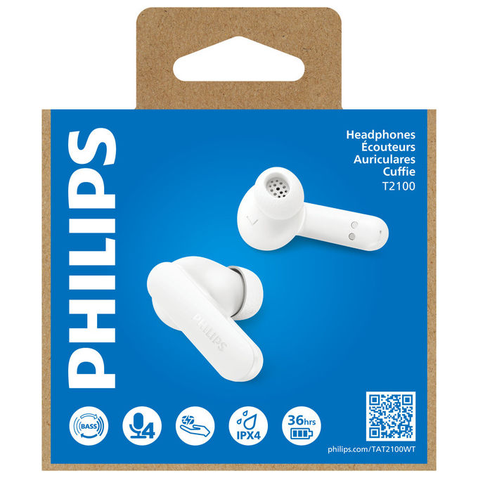 Philips TAT2100WT-00 Auricolari True Wireless In-Ear Bluetooth 6.0 4 microfoni 36h IPX4 colore Bianco