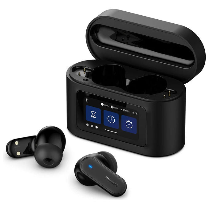 Philips TAT6000BK auricolari true wireless, custodia smart touchscreen, ANC ibrido, 4 microfoni, 28 ore, Bluetooth 5.4, IPX5, nero