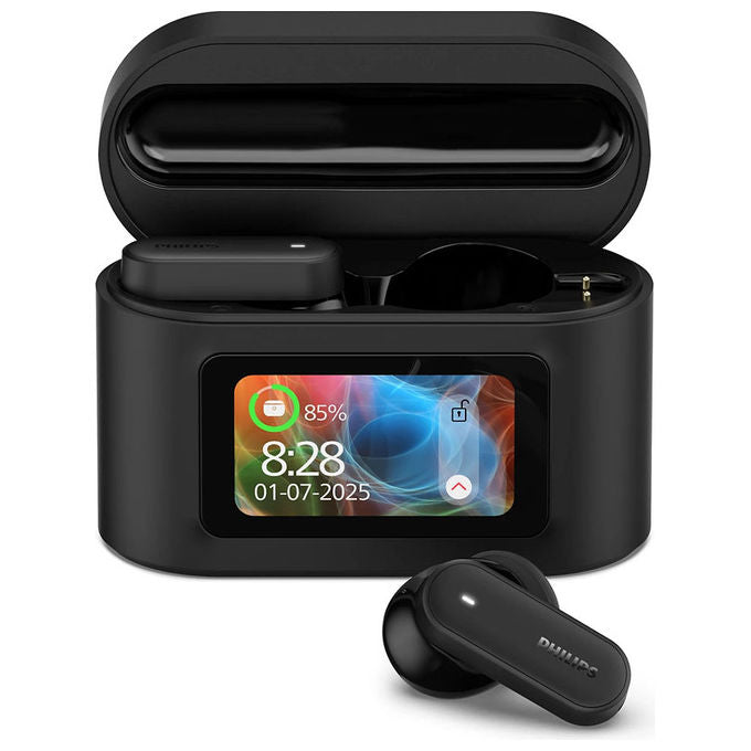 Philips TAT6000BK auricolari true wireless, custodia smart touchscreen, ANC ibrido, 4 microfoni, 28 ore, Bluetooth 5.4, IPX5, nero