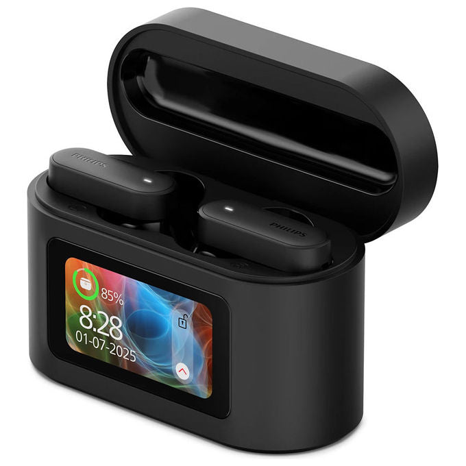 Philips TAT6000BK auricolari true wireless, custodia smart touchscreen, ANC ibrido, 4 microfoni, 28 ore, Bluetooth 5.4, IPX5, nero