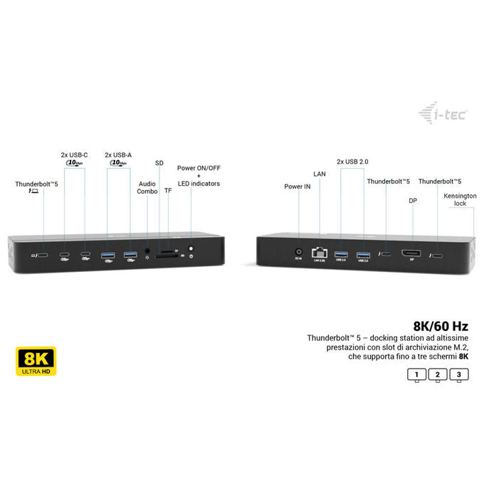 I-tec TB5TRIPLEDOCKM2PDIT Docking Station Thunderbolt 5 Triplo Display 8K M.2 NVMe PCIe Gen4 USB-C Power Delivery 140W 2.5G LAN colore Nero