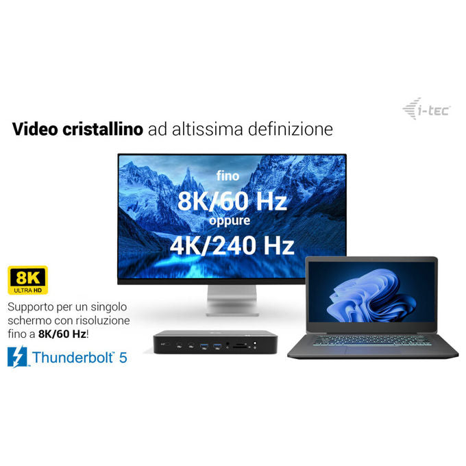 I-tec TB5TRIPLEDOCKM2PDIT Docking Station Thunderbolt 5 Triplo Display 8K M.2 NVMe PCIe Gen4 USB-C Power Delivery 140W 2.5G LAN colore Nero