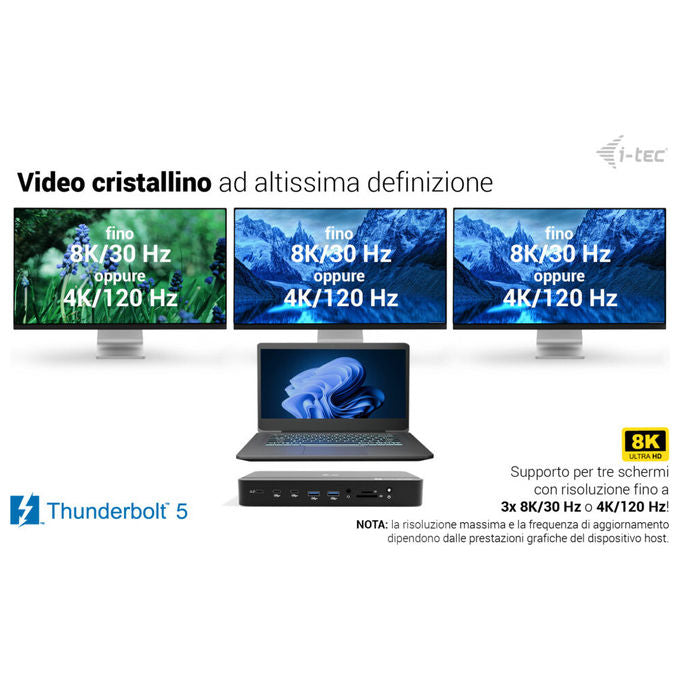 I-tec TB5TRIPLEDOCKM2PDIT Docking Station Thunderbolt 5 Triplo Display 8K M.2 NVMe PCIe Gen4 USB-C Power Delivery 140W 2.5G LAN colore Nero