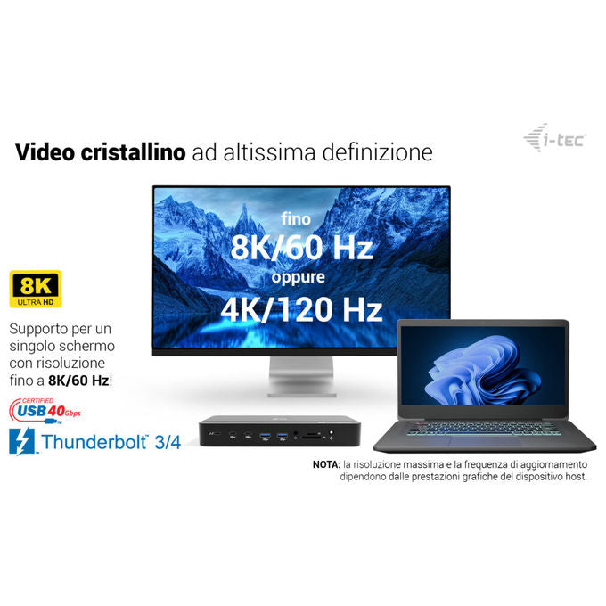 I-tec TB5TRIPLEDOCKM2PDIT Docking Station Thunderbolt 5 Triplo Display 8K M.2 NVMe PCIe Gen4 USB-C Power Delivery 140W 2.5G LAN colore Nero