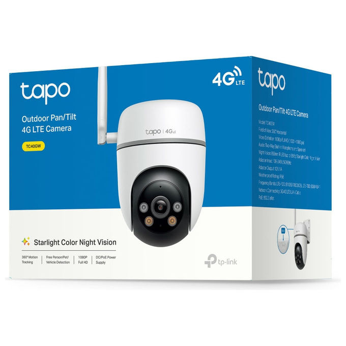 TP-Link TC40GW Tapo Telecamera IP Esterna Pan Tilt 4G LTE Wi-Fi PoE Full HD 1080P AI Detection IP66 360° colore Bianco