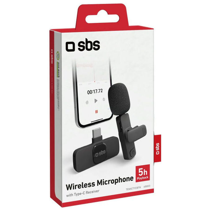 Sbs, Microfono Wireless con Ricevitore USB-C, Clip, Riduzione Rumore, Nero