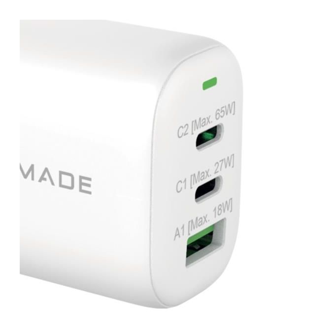 Techmade TM-P937-WH Alimentatore Notebook GaN 65W 3 Porte 2 USB-C 1 USB-A Power Delivery Quick Charge colore Bianco