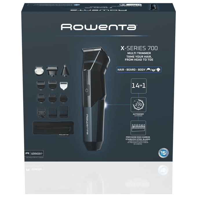 Rowenta TN9650 X Series 700 Regolabarba Multifunzione 14 in 1 Lame in Acciaio al Carbonio Autoaffilanti 21 Regolazioni 270 min di Autonomia Batteria al Litio colore Nero