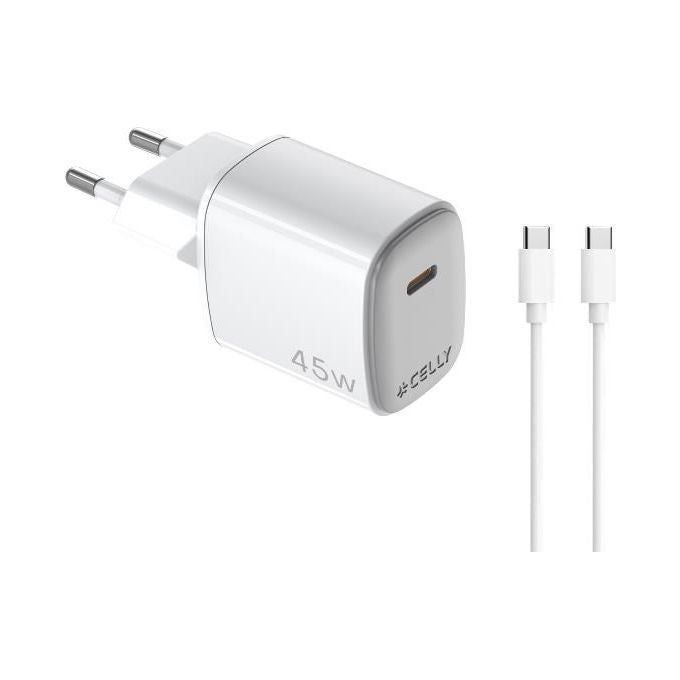 Celly Caricabatterie da Rete USB-C GaN 45W con Cavo 2 Metri Bianco