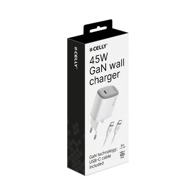 Celly Caricabatterie da Rete USB-C GaN 45W con Cavo 2 Metri Bianco