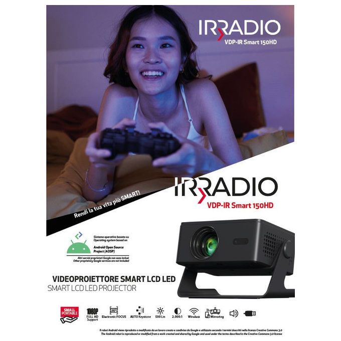Irradio VDP-IR SMART 150HD Videoproiettore Smart LCD LED HD 720p Android 13 150 ANSI WiFi colore Nero