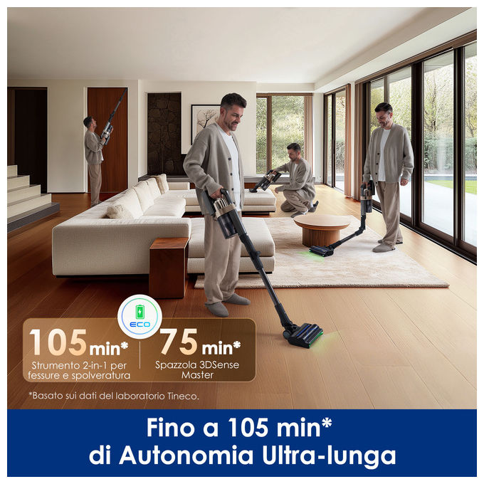 Tineco PURE ONE A90S aspirapolvere senza filo, 270AW, autonomia 105 min, spazzola 3DSense Master, filtro HEPA, per peli di animali