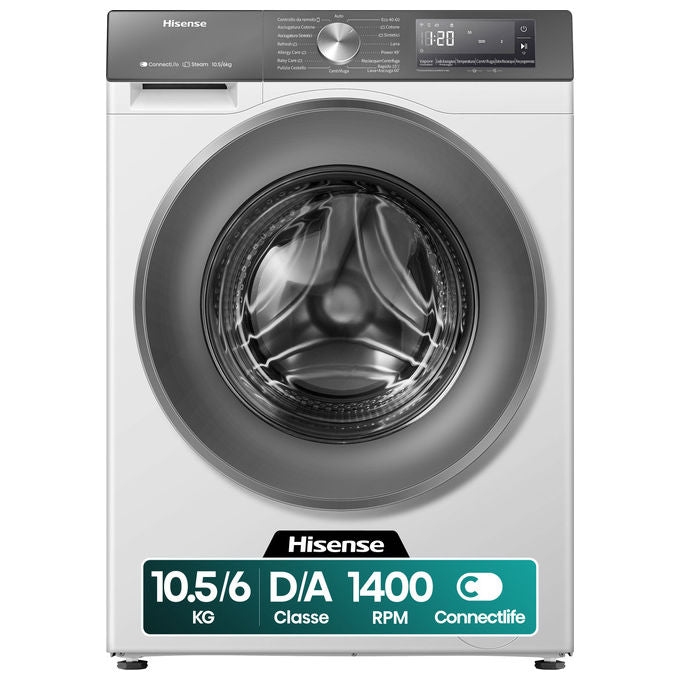 Hisense WD3S1043BW7 Lavasciuga Frontale 10.5-6 Kg 1400 rpm Classe A-D Motore Inverter Wi-Fi Vapore (84.5x59.5x59 cm) colore Bianco