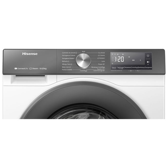 Hisense WD3S1043BW7 Lavasciuga Frontale 10.5-6 Kg 1400 rpm Classe A-D Motore Inverter Wi-Fi Vapore (84.5x59.5x59 cm) colore Bianco