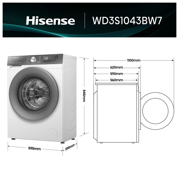 Hisense WD3S1043BW7 Lavasciuga Frontale 10.5-6 Kg 1400 rpm Classe A-D Motore Inverter Wi-Fi Vapore (84.5x59.5x59 cm) colore Bianco