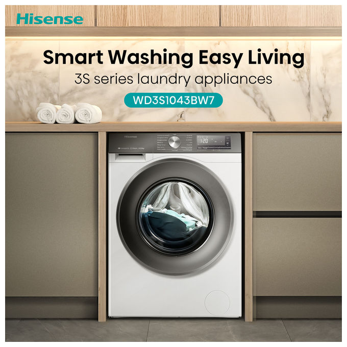 Hisense WD3S1043BW7 Lavasciuga Frontale 10.5-6 Kg 1400 rpm Classe A-D Motore Inverter Wi-Fi Vapore (84.5x59.5x59 cm) colore Bianco