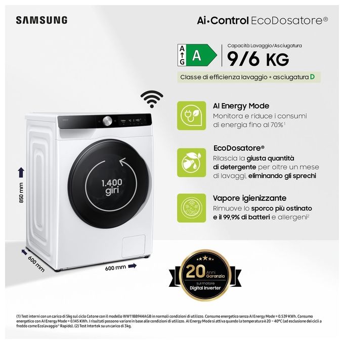 Samsung WD90DG6B85BKU3 AI Control Lavasciuga Frontale 9-6 Kg 1400 rpm Classe A EcoDosatore AI Wash Wi-Fi (85x60x60 cm) colore Nero Bianco