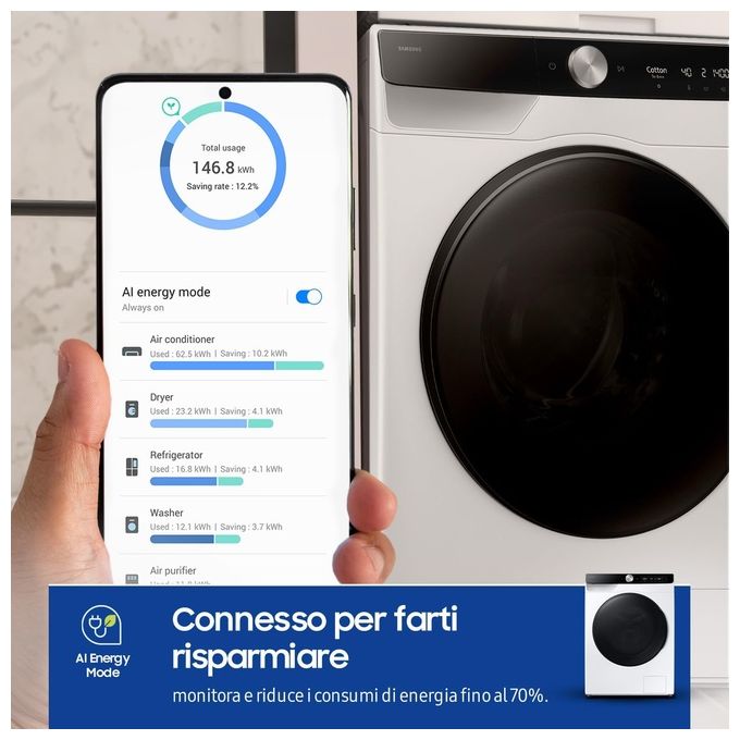 Samsung WD90DG6B85BKU3 AI Control Lavasciuga Frontale 9-6 Kg 1400 rpm Classe A EcoDosatore AI Wash Wi-Fi (85x60x60 cm) colore Nero Bianco