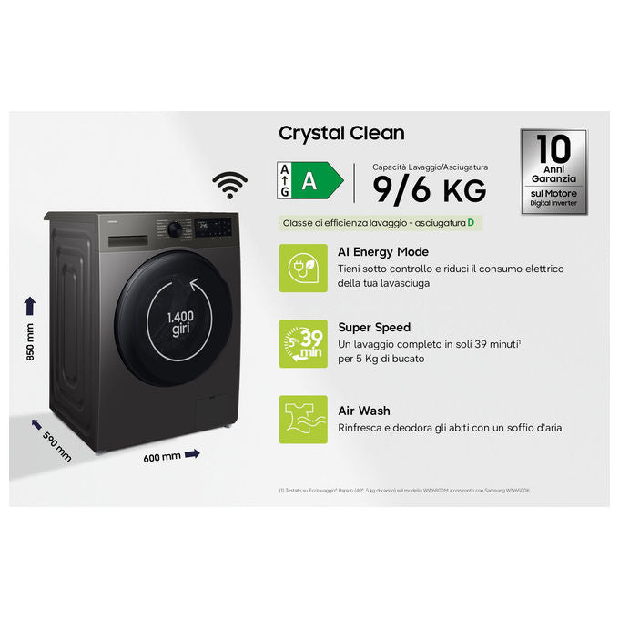 Samsung WD90HG5U34BXET Crystal Clean Lavasciuga Caricamento frontale 9-6 Kg 1400 rpm Classe A D Vapore Igienizzante Air Wash EcoBubble (60x59x85 cm) colore Nero Acciaio inox