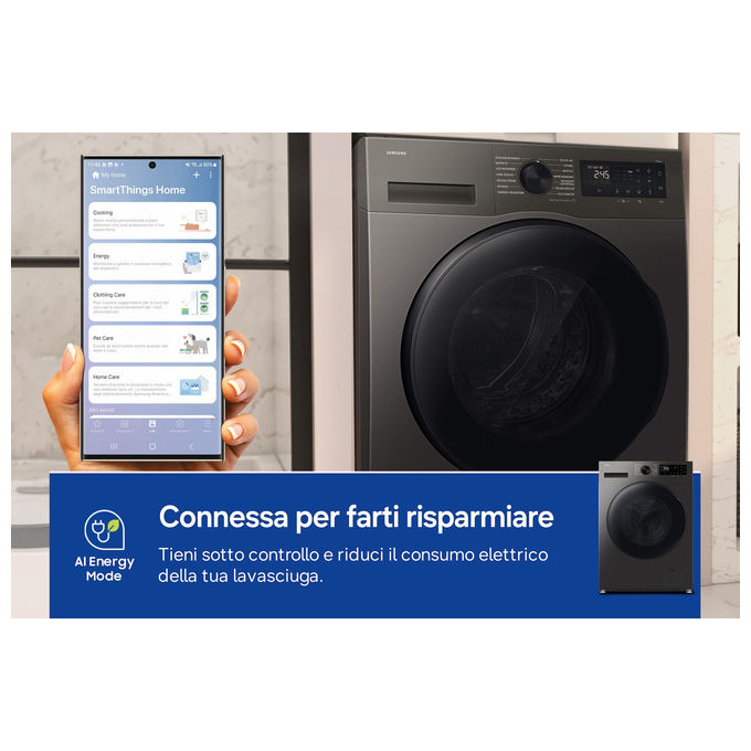 Samsung WD90HG5U34BXET Crystal Clean Lavasciuga Caricamento frontale 9-6 Kg 1400 rpm Classe A D Vapore Igienizzante Air Wash EcoBubble (60x59x85 cm) colore Nero Acciaio inox