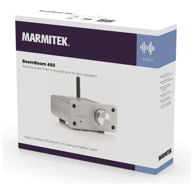 Marmitek MA08232 BoomBoom 460 Amplificatore Ricevitore Bluetooth con aptX 2x 20W RMS Ingresso AUX Uscita Altoparlanti Passivi colore Argento