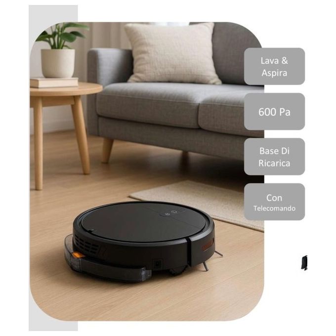 Akai robot aspirapolvere e lavapavimenti AKV02S, 600 Pa, 2 in 1, autonomia 100 minuti, rientro automatico, nero