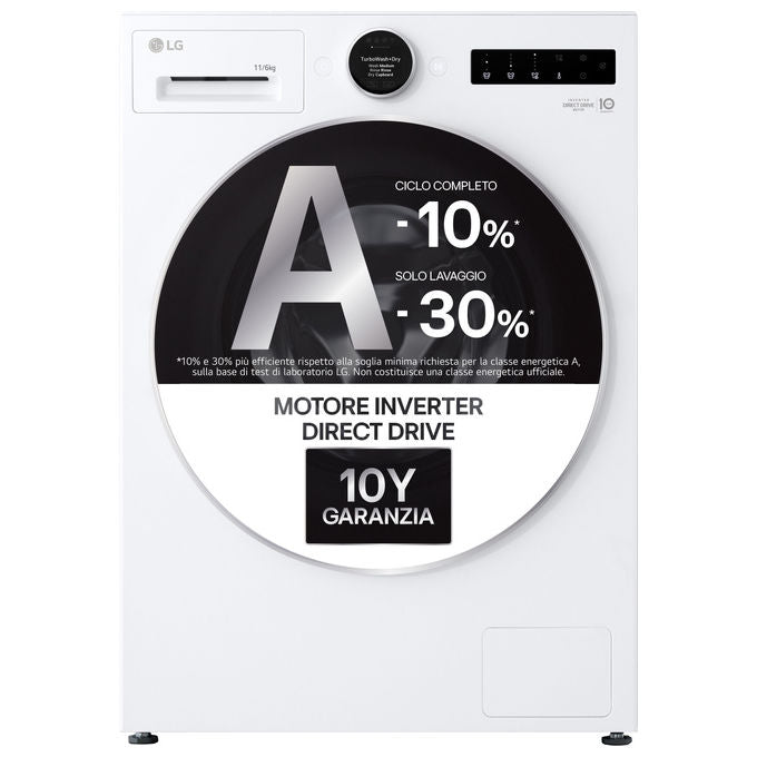 LG WHX9016TLC Lavasciuga a pompa di calore 11-6 Kg 1400 rpm Classe A-30%-A-10% Dual Inverter Heat Pump AI DD TurboWash (60x56.5x85 cm) colore Bianco