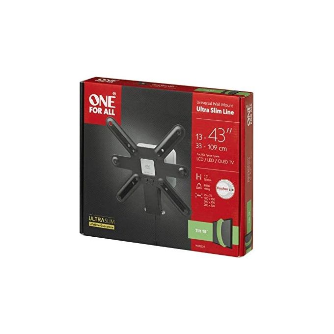 One For All WM6221 Supporto TV a Parete Ultra Slim Inclinabile 13'' 43'' 40 Kg VESA 75x75 200x200 Acciaio al Carbonio colore Nero