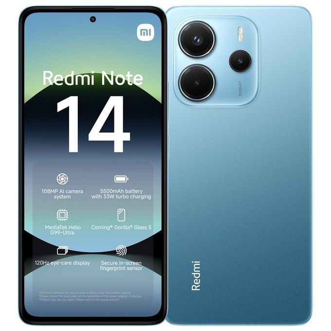 Xiaomi MZB0IYWEU Redmi Note 14 Smartphone 4G 6.67'' AMOLED 120Hz 8 GB RAM 256 GB Dual SIM NFC Tripla Camera 108 MP Batteria 5500 mAh colore Ocean Blue