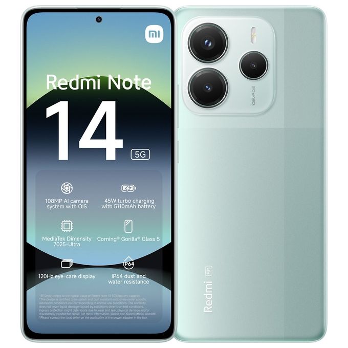 Xiaomi REDMI NOTE 14 5G Smartphone 8GB 256GB Display AMOLED 6.67'' 120Hz Dual SIM NFC Batteria 5110mAh colore Coral Green