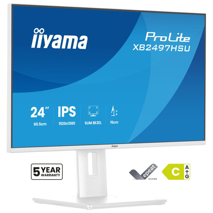 Iiyama ProLite XB2497HSU-W1 monitor 23,8 pollici, IPS Full HD 120Hz, regolazione altezza, hub USB 3.2, flicker free, bianco